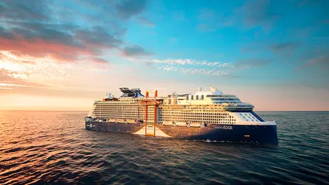Celebrity Edge, Edge, EG, Aerial, ship exterior, sunset, ocean, water
